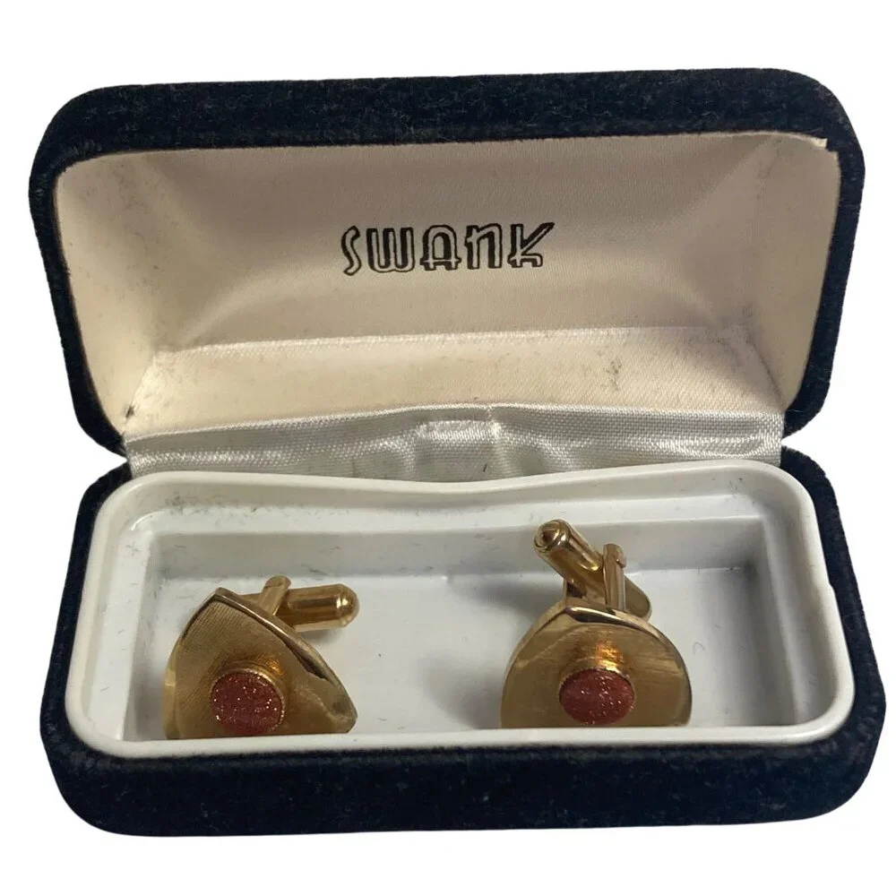 Vintage MCM Gold Tone Triangle Cufflinks Goldstone Sparkly Orange Stone